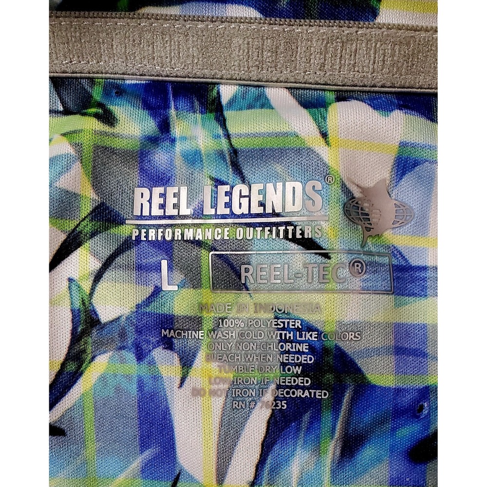 Reel Legends Fishing Shirt L Tarpon Print on Plaid White Blue Green Long Sleeve - Picture 7 of 7
